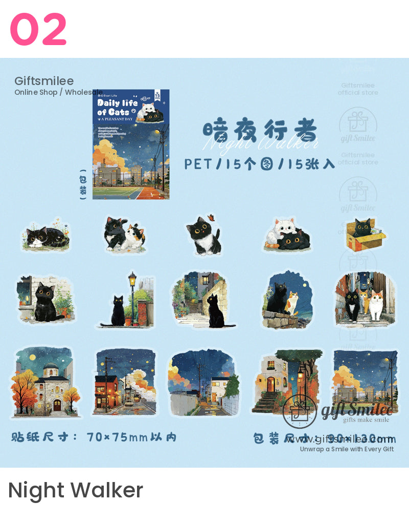 Matte Pet Die-Cut 15-Piece Cat Illustration Sticker Pack | KS-SA-4261