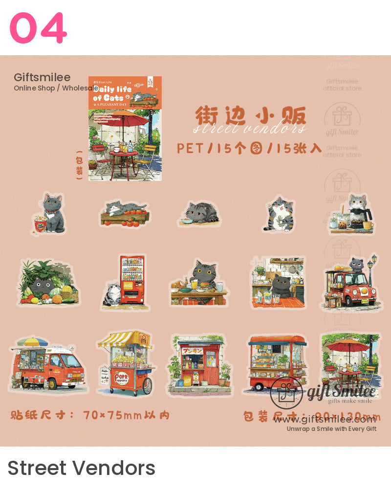 Matte Pet Die-Cut 15-Piece Cat Illustration Sticker Pack | KS-SA-4261