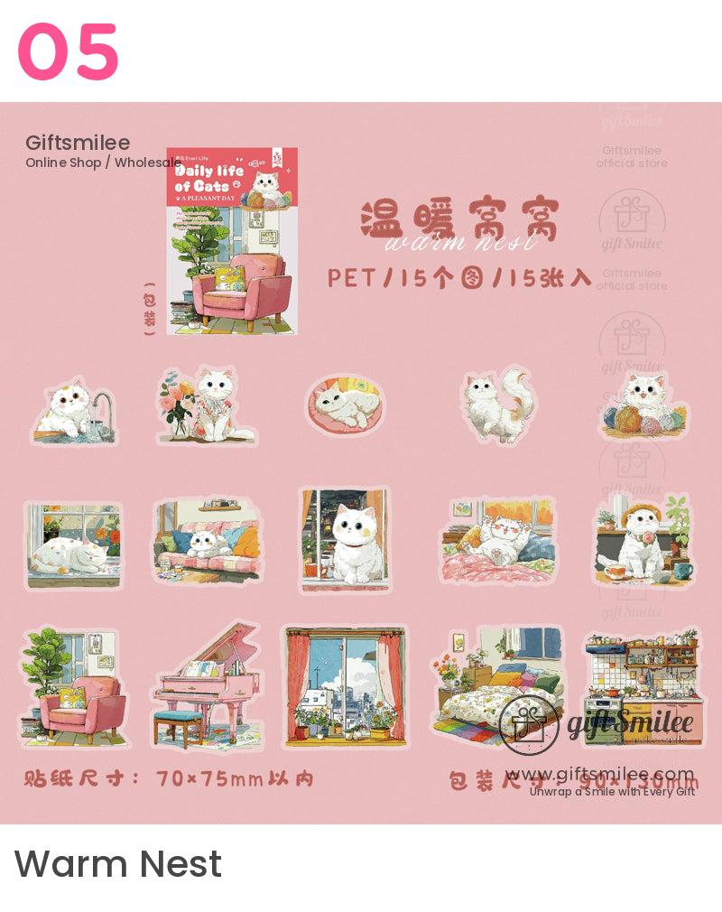 Matte Pet Die-Cut 15-Piece Cat Illustration Sticker Pack | KS-SA-4261