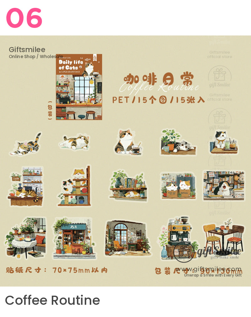 Matte Pet Die-Cut 15-Piece Cat Illustration Sticker Pack | KS-SA-4261