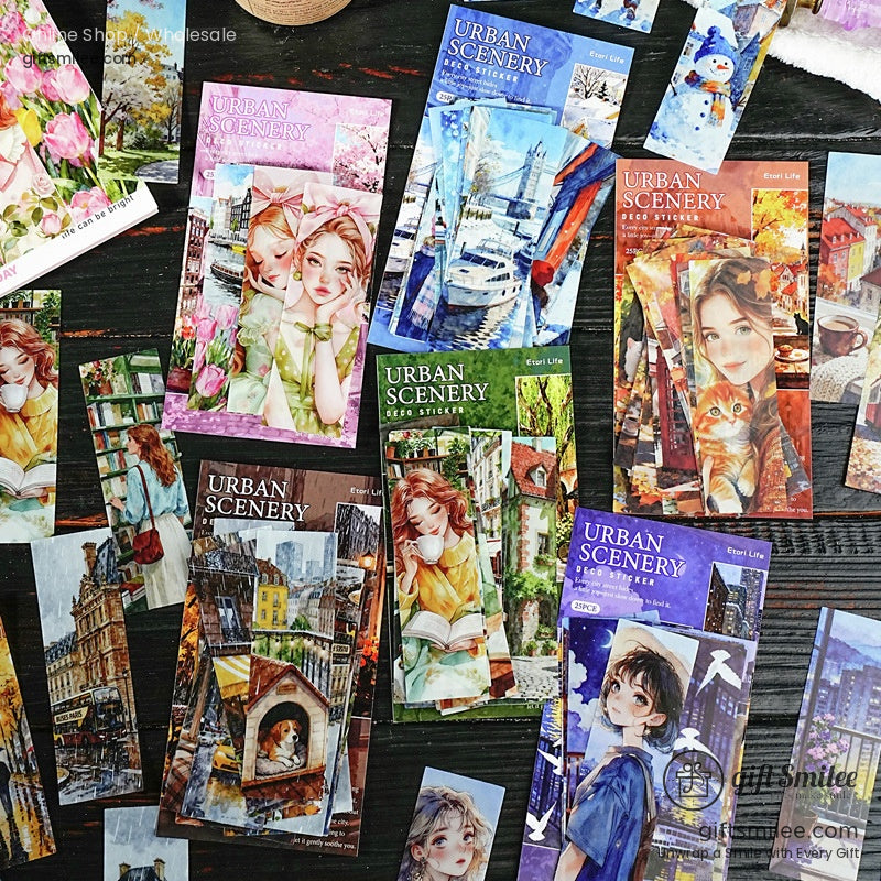 Matte Paper Die‑Cut 25Pcs Urban Watercolor Sticker Pack | KS-SA-4262