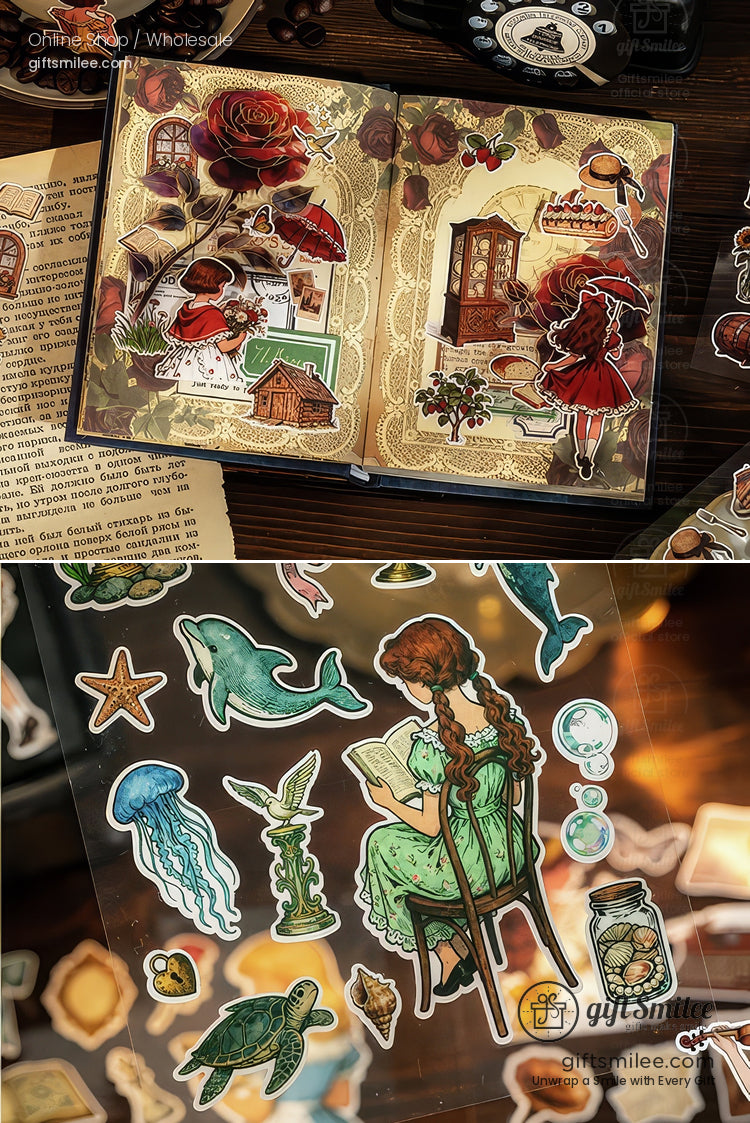 Vintage Matte Pet Die-Cut Rich Ink Illustrations Sticker Sheets | KS-SA-4263