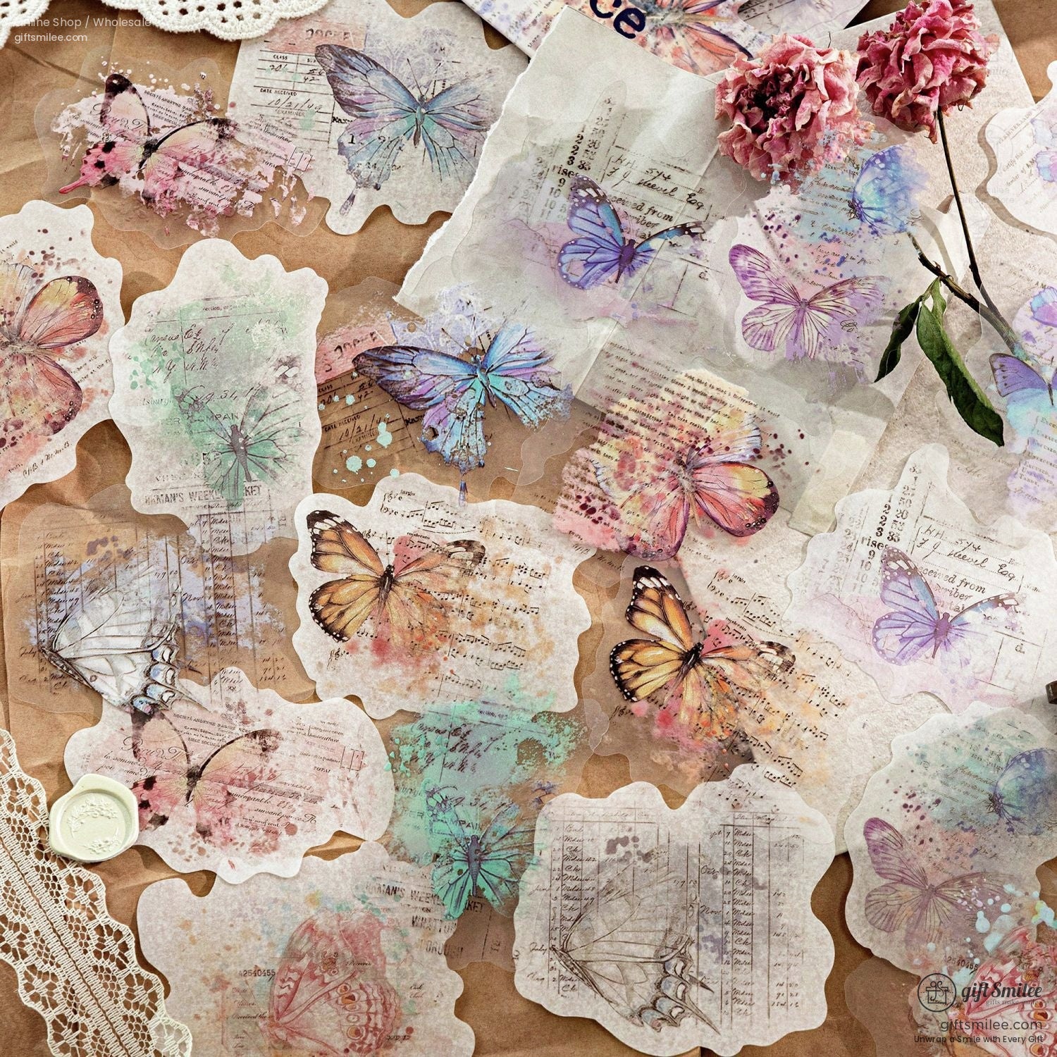 Dual-Material Matte Clear Vintage Ink-Wash Butterfly Prints Decorative Sticker Pack | KS-SA-4265