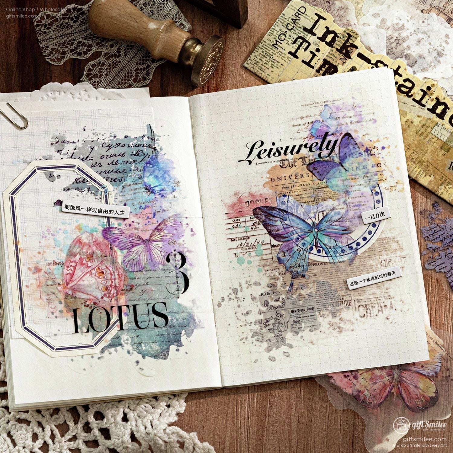 Dual-Material Matte Clear Vintage Ink-Wash Butterfly Prints Decorative Sticker Pack | KS-SA-4265