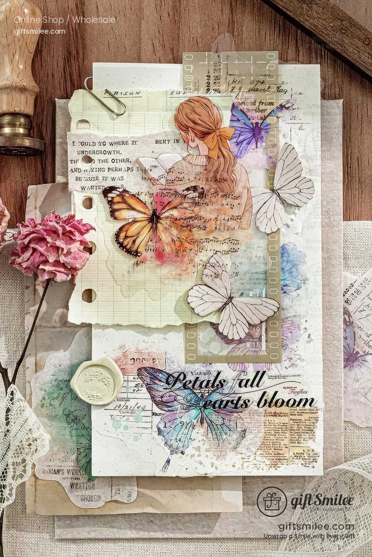 Dual-Material Matte Clear Vintage Ink-Wash Butterfly Prints Decorative Sticker Pack | KS-SA-4265