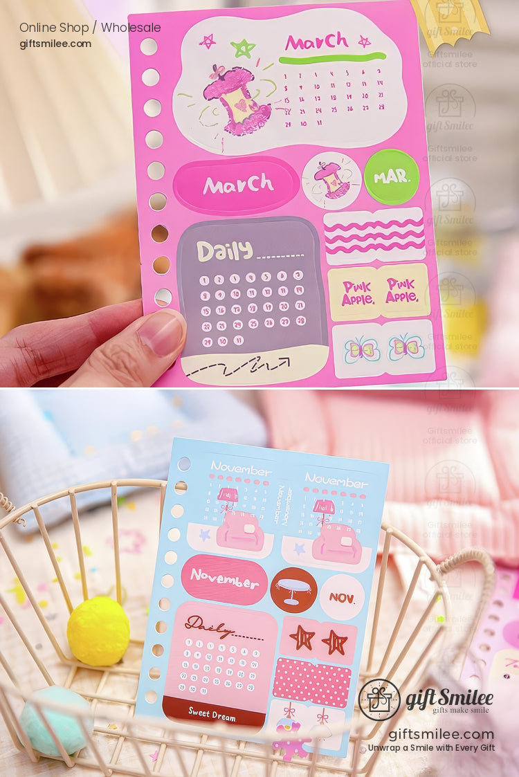 Matte Writable Monthly Inserts 6‑Hole A6 12 Sheets Pastel Foil Accents Planner Sticker Sheets | KS-SA-4267