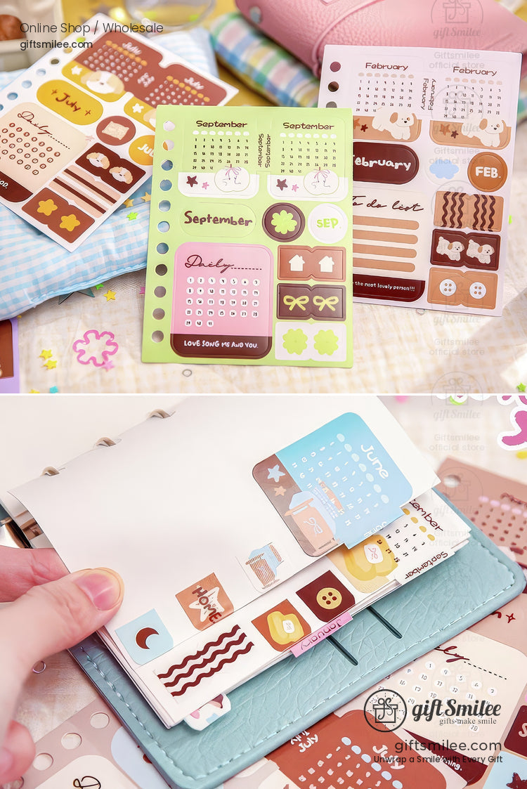 Matte Writable Monthly Inserts 6‑Hole A6 12 Sheets Pastel Foil Accents Planner Sticker Sheets | KS-SA-4267