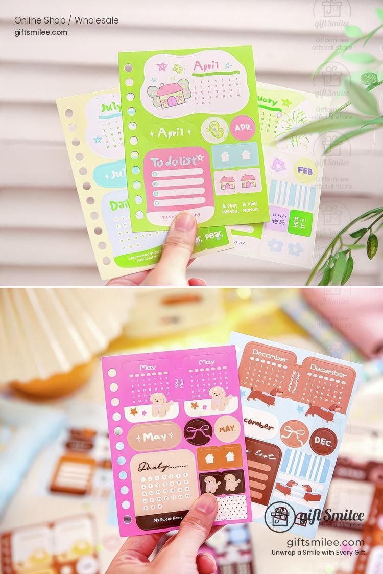 Matte Writable Monthly Inserts 6‑Hole A6 12 Sheets Pastel Foil Accents Planner Sticker Sheets | KS-SA-4267