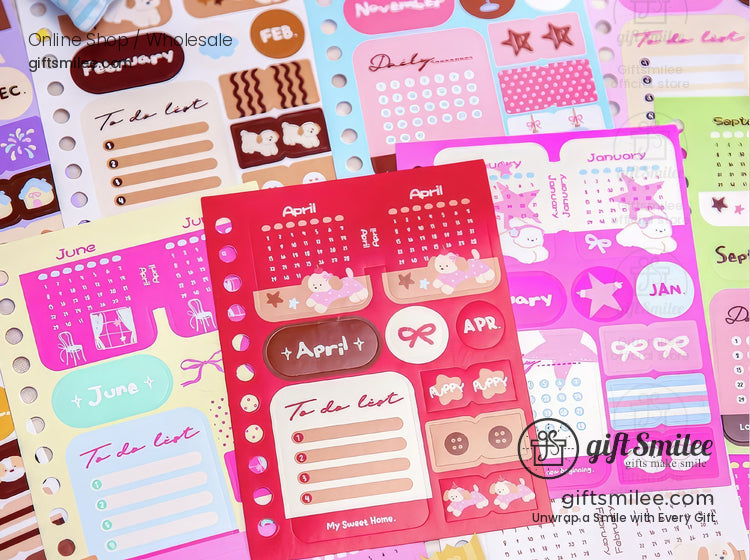 Matte Writable Monthly Inserts 6‑Hole A6 12 Sheets Pastel Foil Accents Planner Sticker Sheets | KS-SA-4267