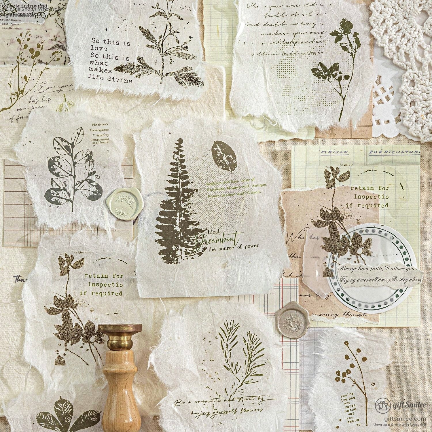 Pet White-Ink Botanical Semi-Transparent Vintage Tones Decorative Sticker Pack | KS-SA-4270