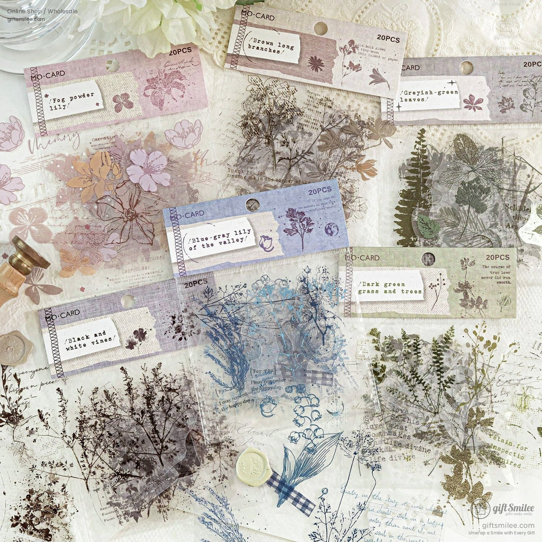 Pet White-Ink Botanical Semi-Transparent Vintage Tones Decorative Sticker Pack | KS-SA-4270