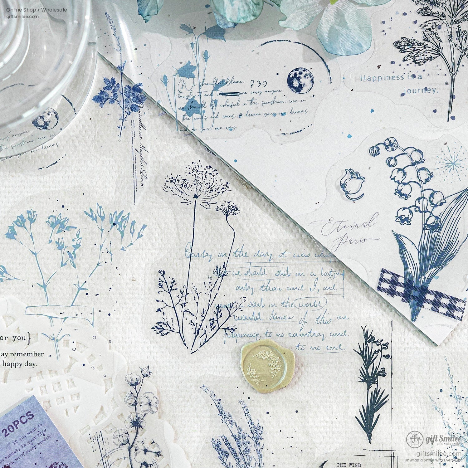 Pet White-Ink Botanical Semi-Transparent Vintage Tones Decorative Sticker Pack | KS-SA-4270