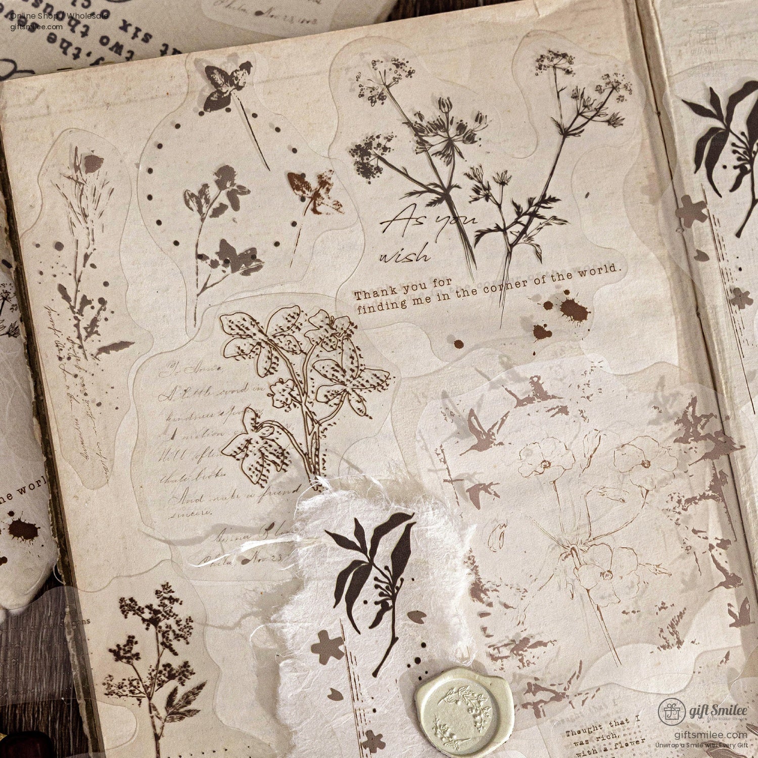 Pet White-Ink Botanical Semi-Transparent Vintage Tones Decorative Sticker Pack | KS-SA-4270