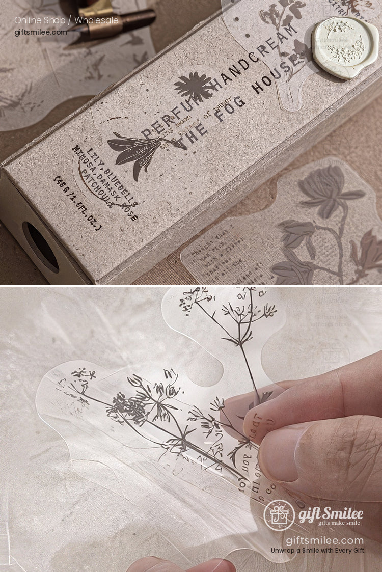 Pet White-Ink Botanical Semi-Transparent Vintage Tones Decorative Sticker Pack | KS-SA-4270