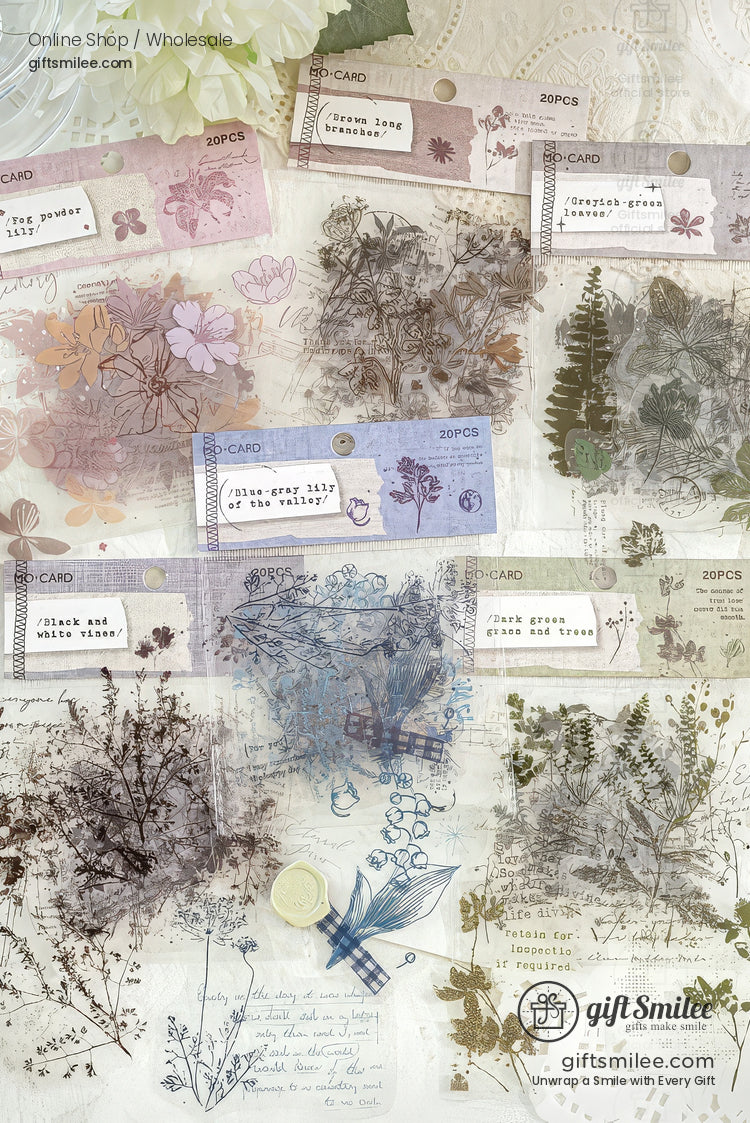 Pet White-Ink Botanical Semi-Transparent Vintage Tones Decorative Sticker Pack | KS-SA-4270
