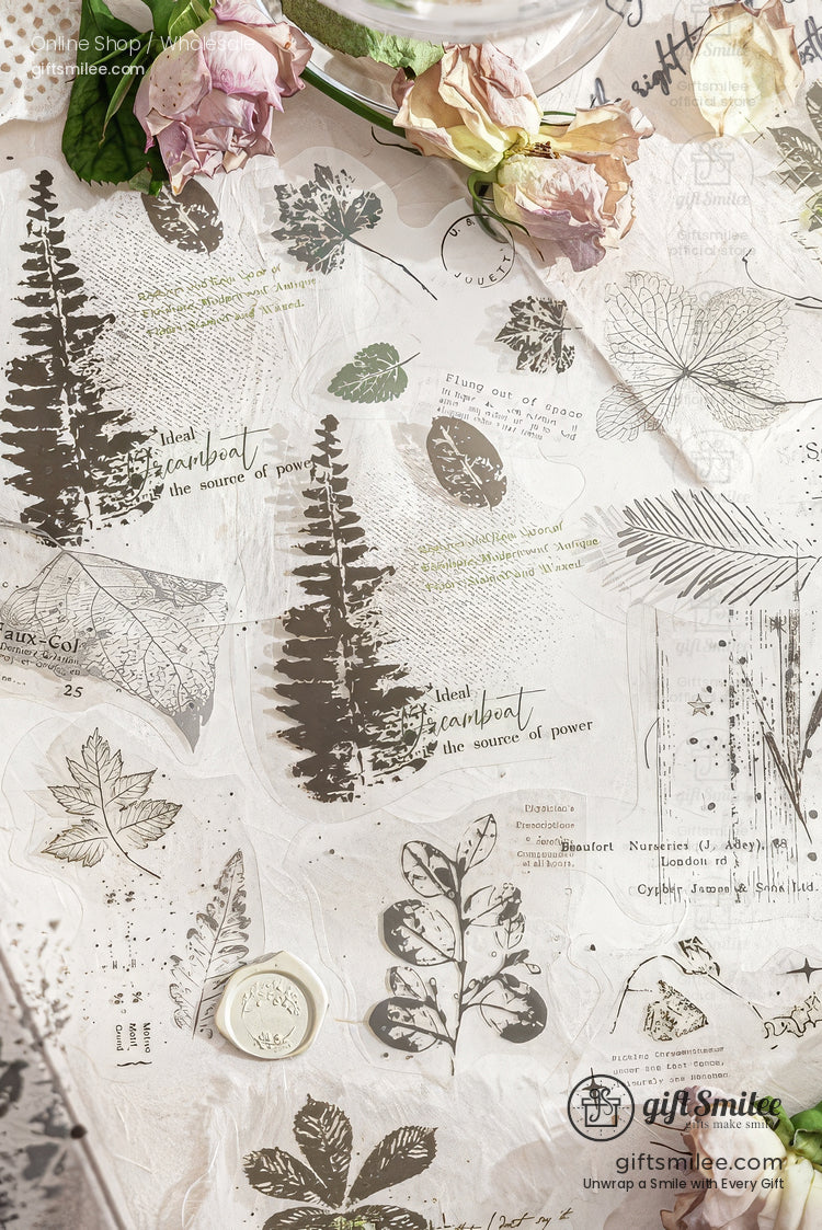 Pet White-Ink Botanical Semi-Transparent Vintage Tones Decorative Sticker Pack | KS-SA-4270