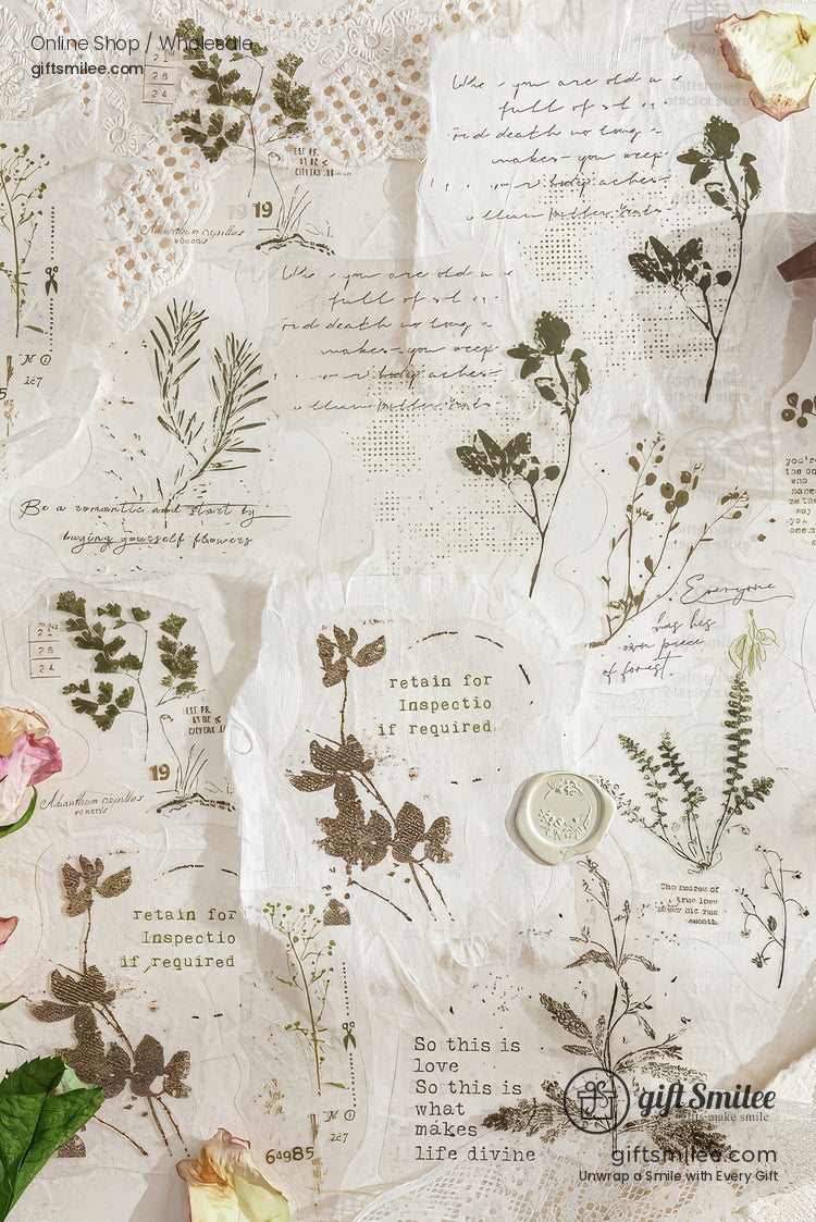 Pet White-Ink Botanical Semi-Transparent Vintage Tones Decorative Sticker Pack | KS-SA-4270