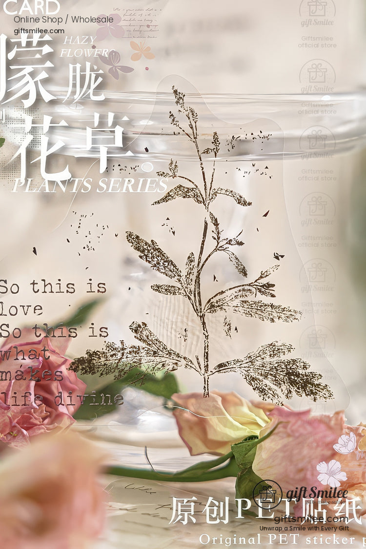Pet White-Ink Botanical Semi-Transparent Vintage Tones Decorative Sticker Pack | KS-SA-4270