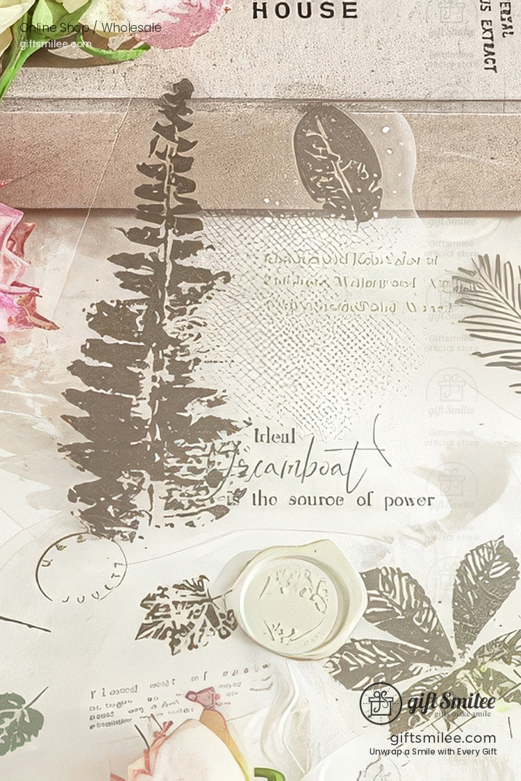 Pet White-Ink Botanical Semi-Transparent Vintage Tones Decorative Sticker Pack | KS-SA-4270