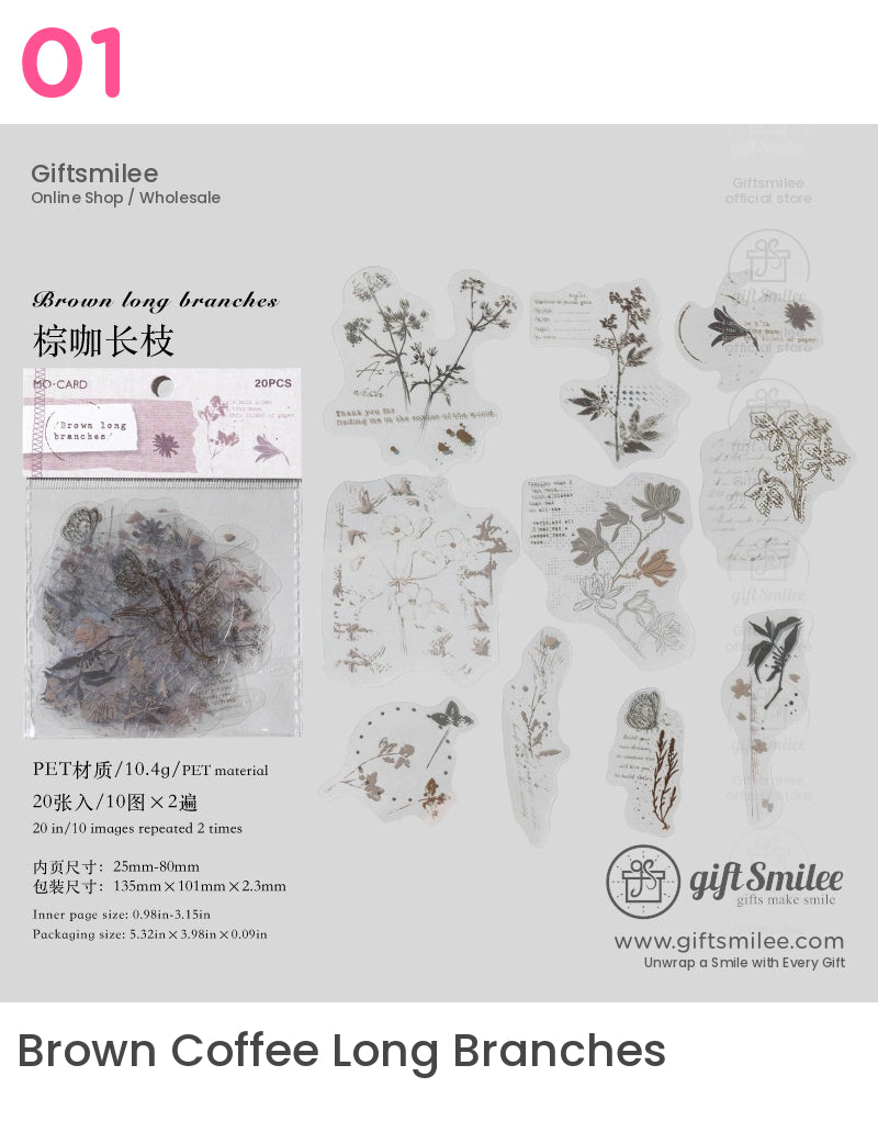 Pet White-Ink Botanical Semi-Transparent Vintage Tones Decorative Sticker Pack | KS-SA-4270