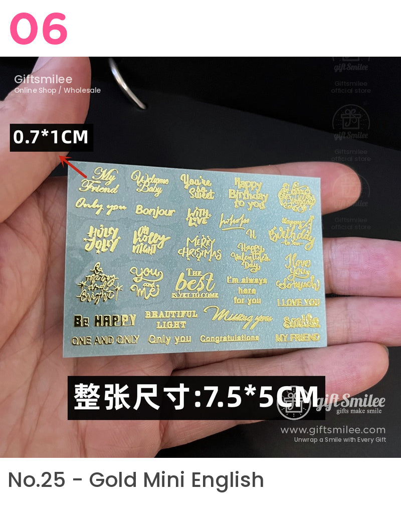 Gold foil sticker sheet with decorative text phrases on a teal background measuring 75x5 cm ideal for crafts