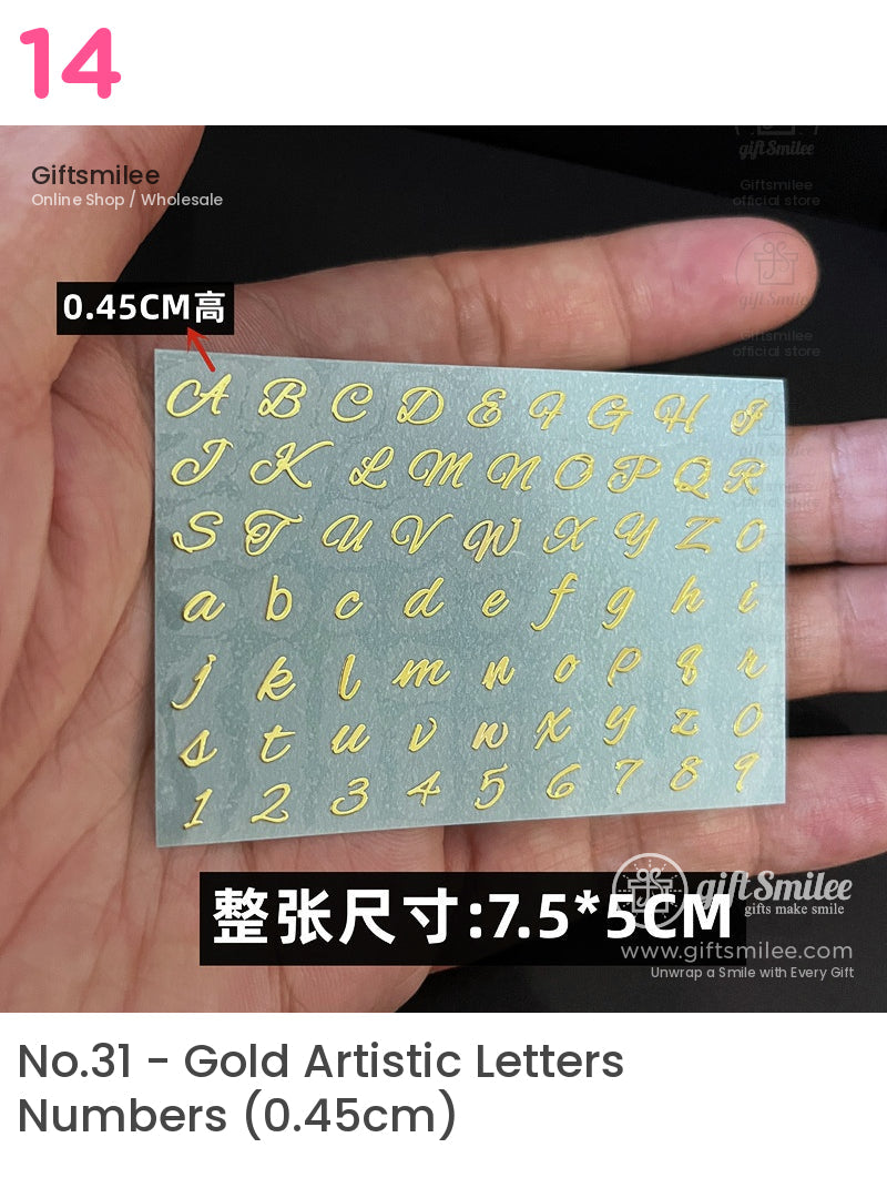 Gold metallic alphabet and number stickers in cursive script on green backing measuring 75 x 5 cm 045 cm tall letters