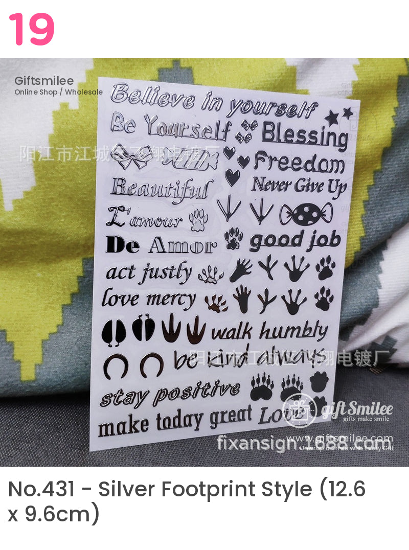 Black motivational text and icon stickers with phrases like Believe in yourself on a white sheet modern typography