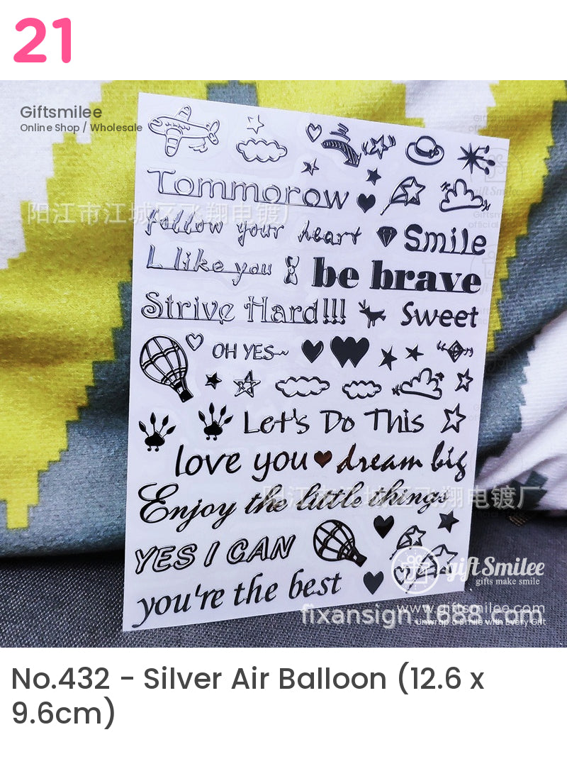 Blackandwhite motivational phrase stickers with playful fonts heart shapes clouds and hot air balloon designs