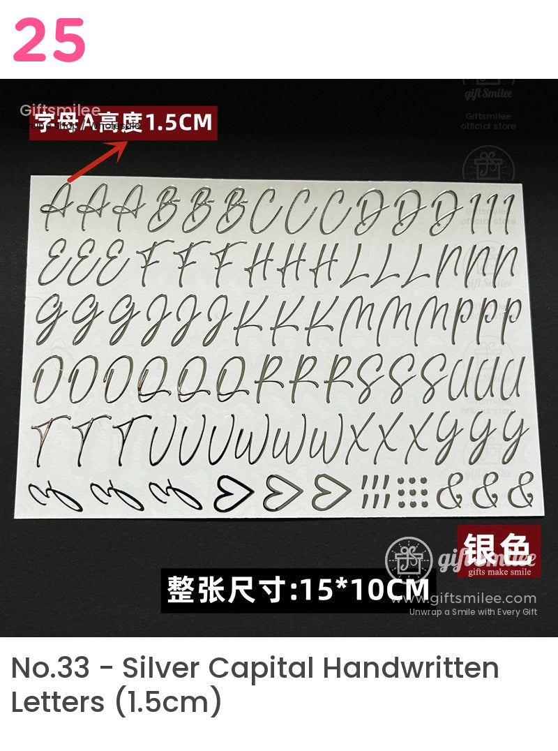 Metallic silver alphabet and symbol stickers in cursive style 15cm tall on a 15x10cm sheet sleek and elegant