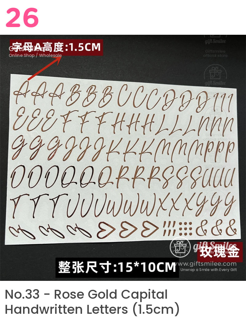 Rose gold cursive alphabet stickers on a white sheet 15cm tall letters with extra symbols 15x10cm dimensions