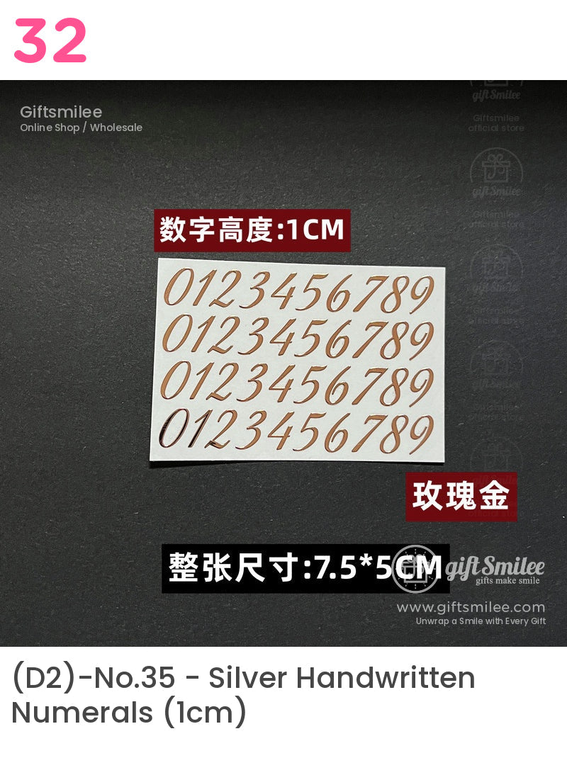Rose gold numeric sticker sheet with four rows of elegant 1cm tall numbers on white backing measuring 75x5cm