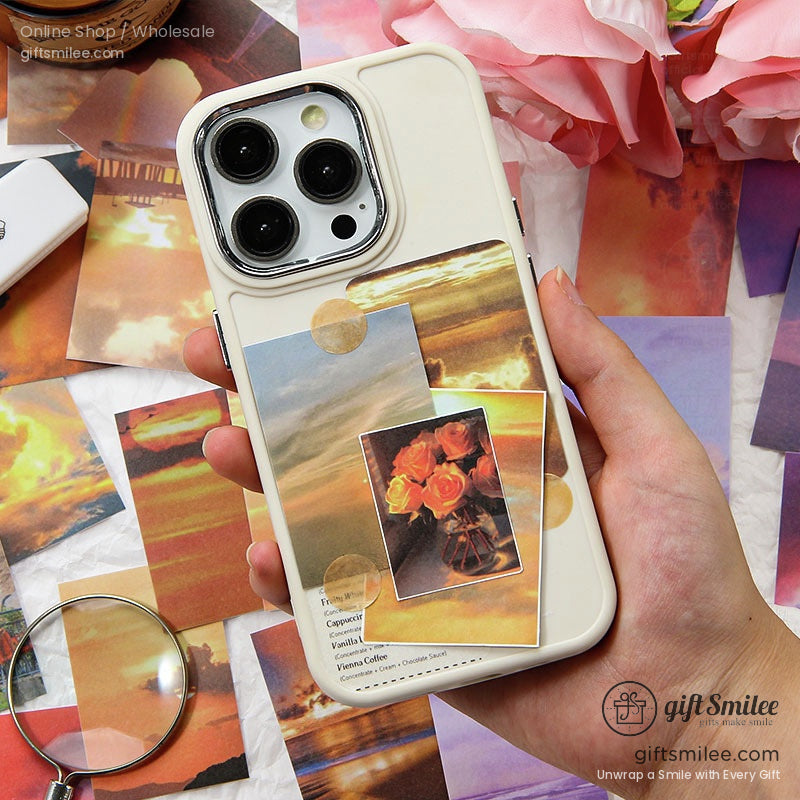 Creamcolored smartphone case with artistic sunset and floral print collage glossy finish and precise camera cutout