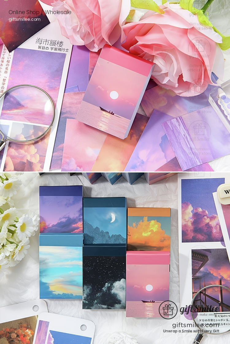 Pastel gradient sticky notes featuring sunset skies moonlit clouds and ocean views ideal for journaling or scrapbooking