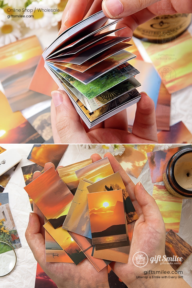 Mini photo album with vibrant sunset landscapes glossy pages compact size perfect for travel or gifting