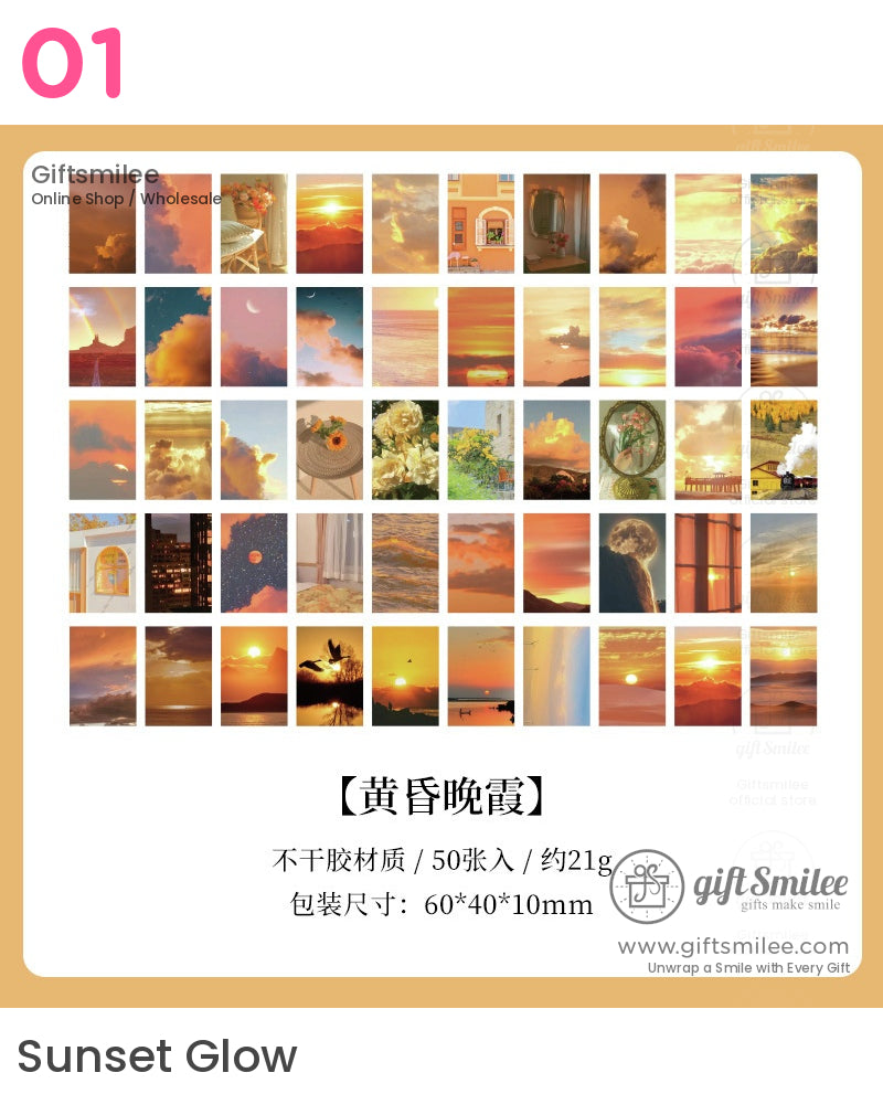Assorted sunsetthemed sticker pack with warm orange pink and golden hues featuring scenic skies clouds and landscapes