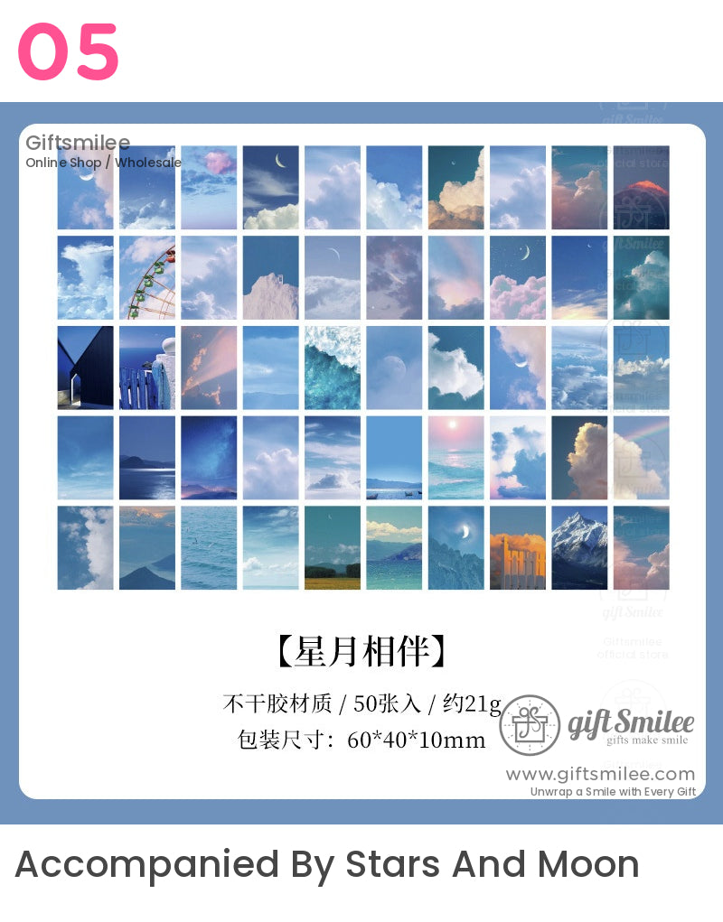 Assorted skythemed stickers featuring clouds moons and landscapes in soft blue pastel and vibrant hues