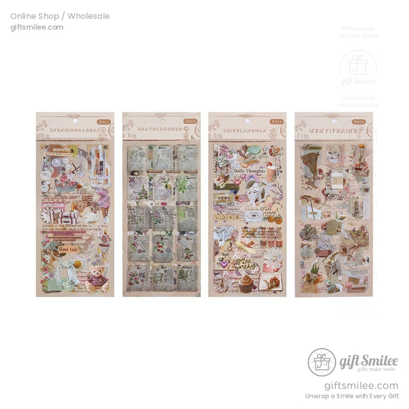 Set of four vintagestyle sticker sheets with floral patterns pastel tones and scrapbookinspired designs