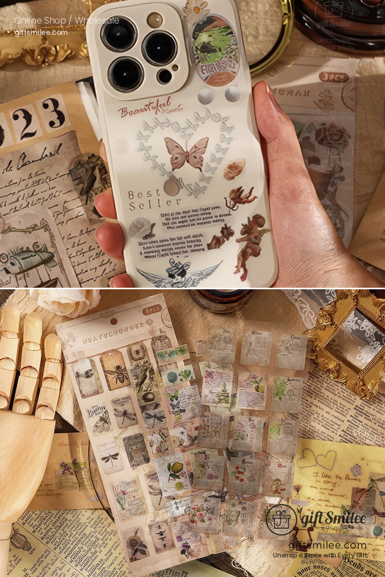 Transparent phone case with vintage botanical and butterfly decals paired with detailed retrostyle sticker sheets on parchmentthemed background