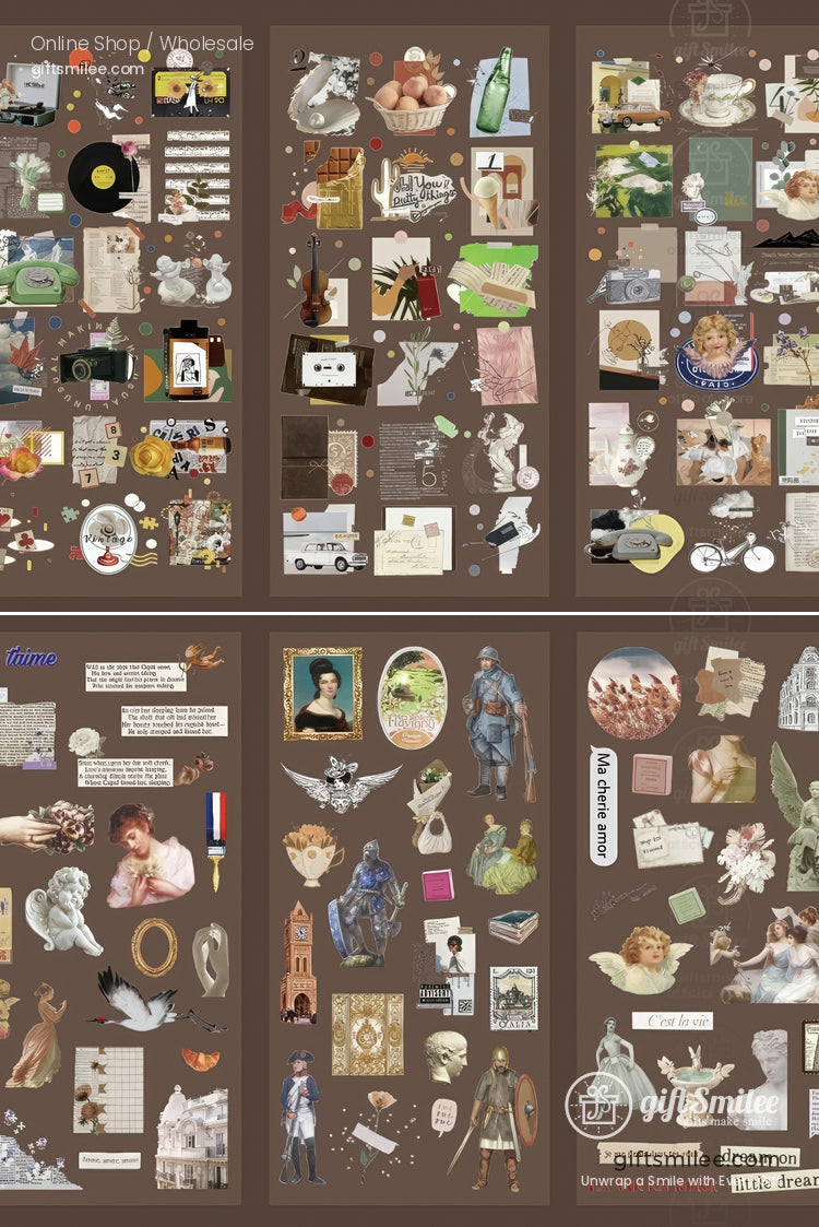 Vintage aesthetic brown collage with retro vinyls statues postcards and natureinspired illustrations