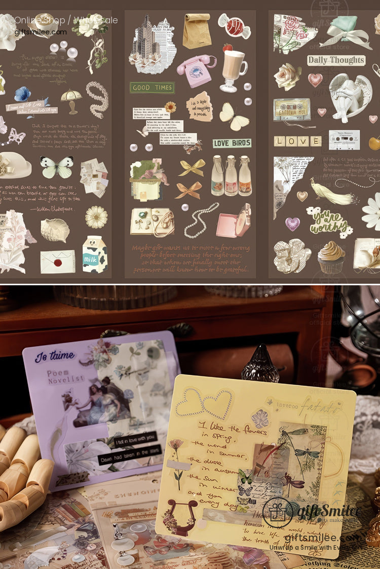 Vintagestyle stationery set with pastel and brown decorative stickers romantic notes detailed designs and nostalgic themes