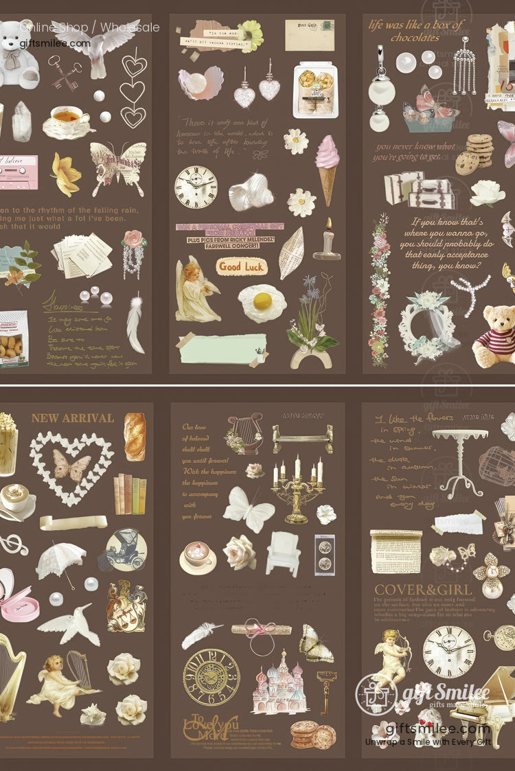 Vintagestyle scrapbook stickers with pastel designs including hearts flowers clocks candles and teddy bears on a brown background