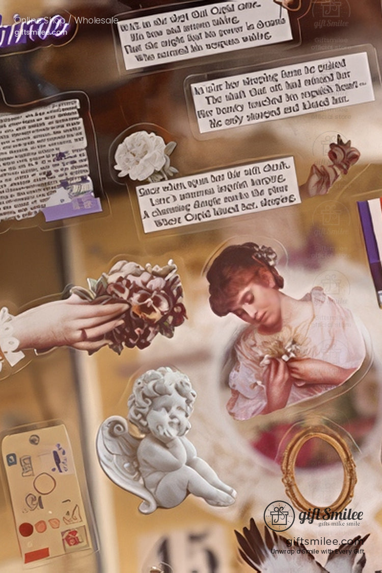 Vintageinspired collage with handwritten letters floral accents cherub figurine ornate gold frame and romantic artwork