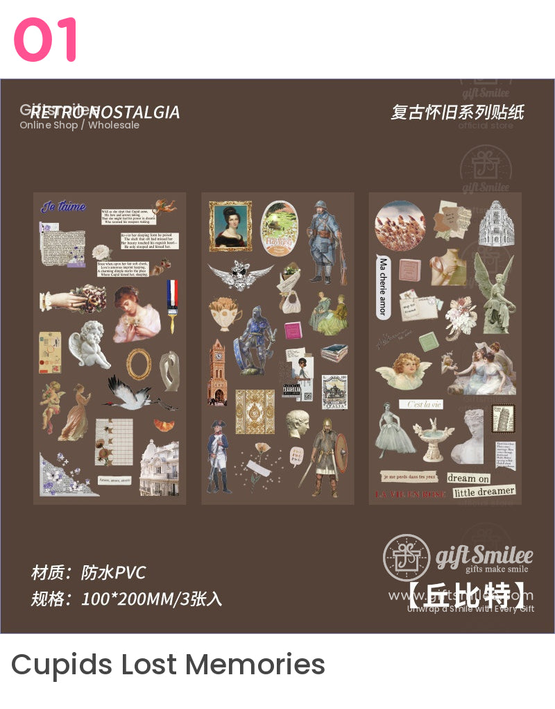 Vintagestyle PVC stickers with retroinspired art angel motifs historical figures and French text accents