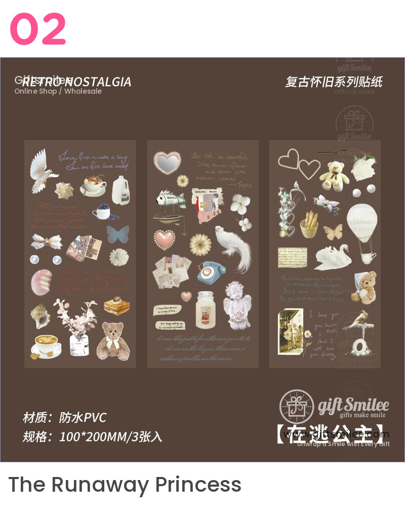 Retrostyle PVC sticker set with vintage motifs like teddy bears swans flowers doves and pastel accents