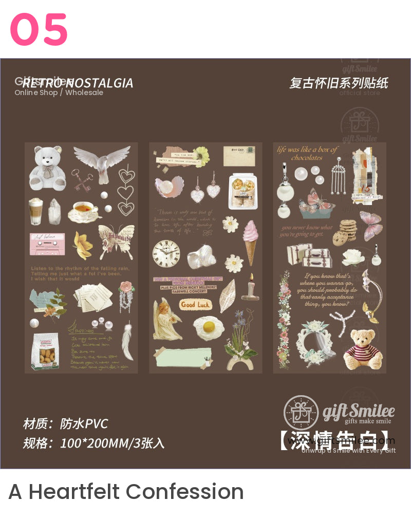 Vintagestyle waterproof PVC stickers with pastel motifs like teddy bears clocks flowers and handwritten notes set on brown