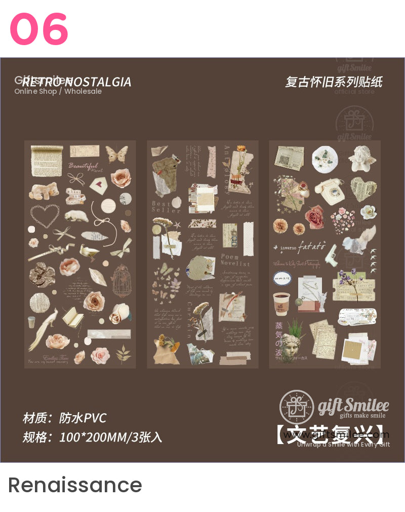 Vintagestyle waterproof PVC stickers with floral patterns handwritten scripts antique items and muted brown tones