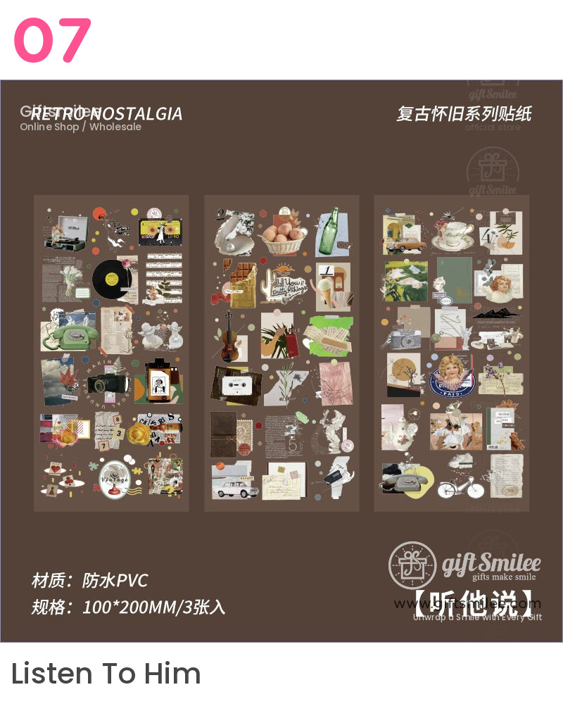 Vintagethemed brown PVC sticker set with retro icons including records cameras swans botanical art and classic motifs