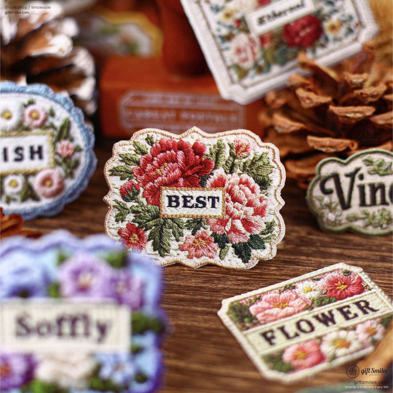 Woven Fabric Embroidered Floral Labels Embroidered Sticker Patches | KS-SA-4310
