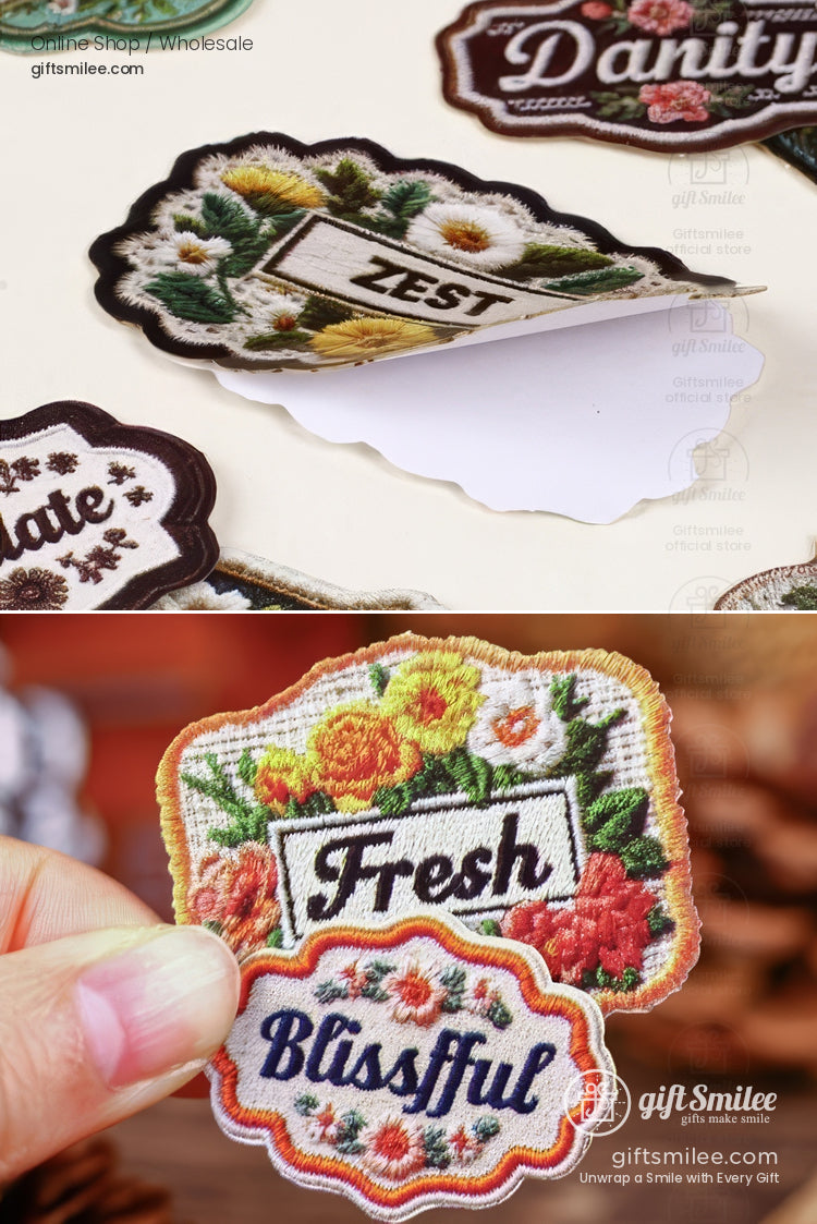 Woven Fabric Embroidered Floral Labels Embroidered Sticker Patches | KS-SA-4310