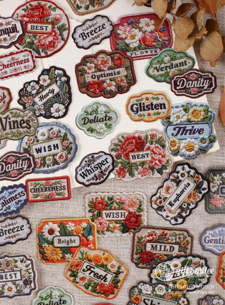 Woven Fabric Embroidered Floral Labels Embroidered Sticker Patches | KS-SA-4310
